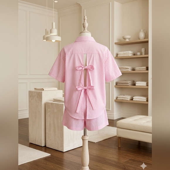 Rosa Clothing Pants - NWT Rosa Clothing Pink & White 2PC Shorts Set Tie Back Top Elastic Waist